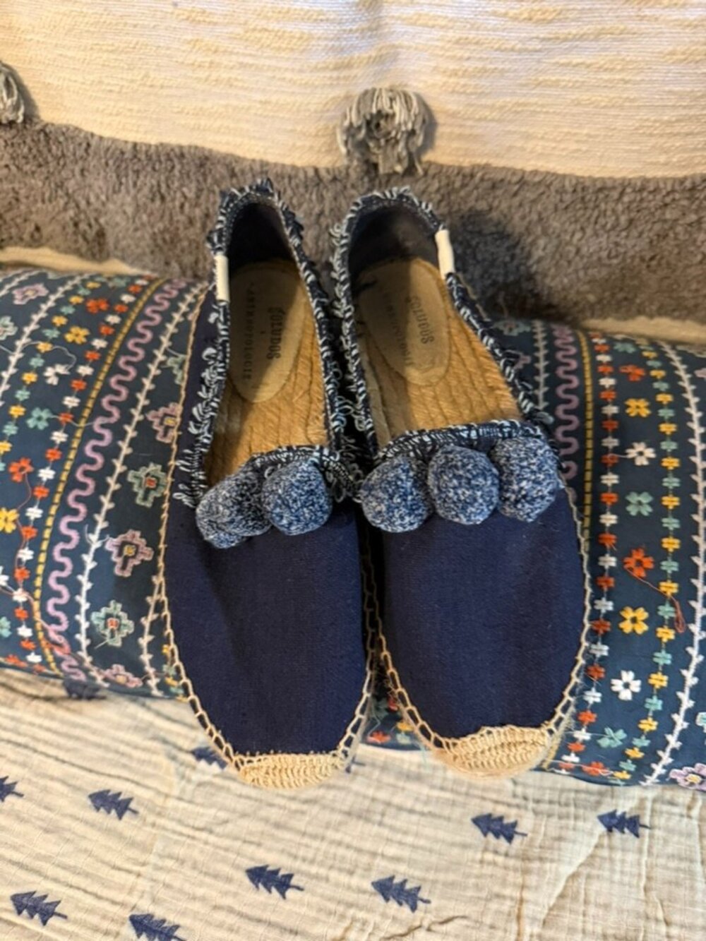 Soludos x Anthropologie Panarea Navy Pom Pom Flat Espadrilles Size 8
